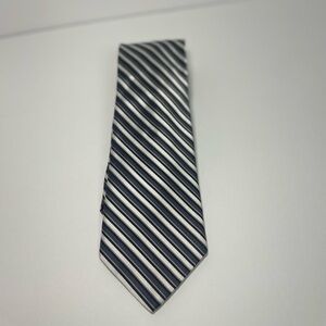 Dior Signature 100% silk tie with white, navy, and gray stripes.